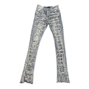 Waimea Jeans Boys 18 Blue Distressed Stacked Fit Ripped Raw Hem Denim Pants